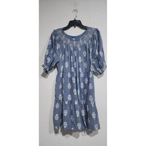Old Navy Puff-Sleeve Smocked Embroidered Tiered Mini Swing Dress in Blue Size M